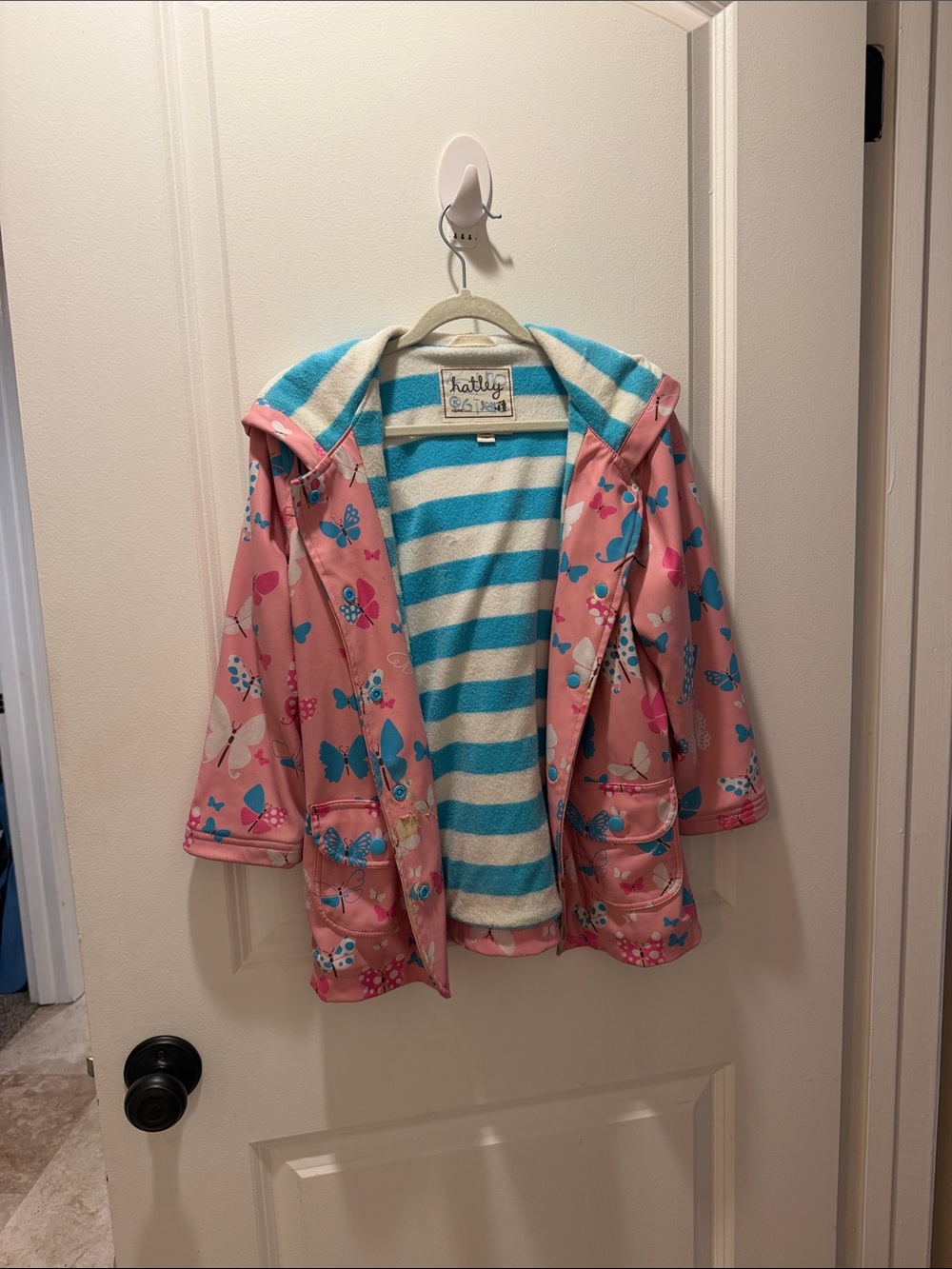 Hatley Pink Butterfly Raincoat with Blue Striped Fleece Lining